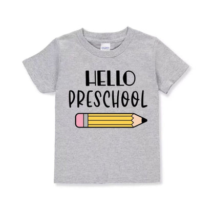 Gray t-shirt with 'Hello Preschool' and a pencil graphic on a white background