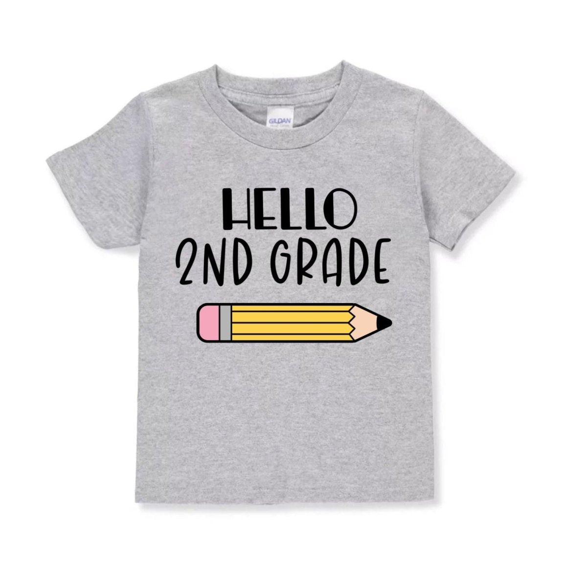 Gray t-shirt with 'Hello 2nd Grade' and a pencil graphic on a white background