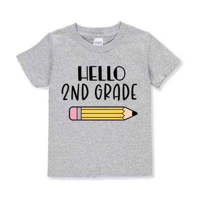Gray t-shirt with 'Hello 2nd Grade' and a pencil graphic on a white background