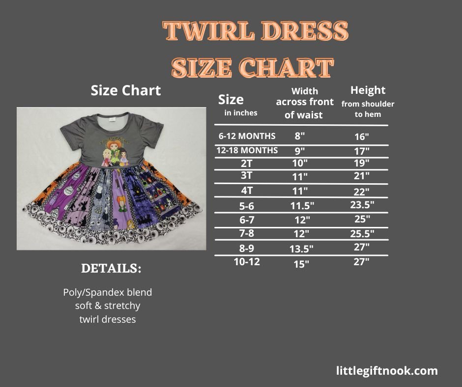 Hocus Pocus theme witches Halloween twirl dress size chart on gray background.
