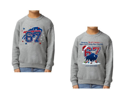 Gray Holiday Buffalo Football 67 sweatshirts on models standing on white background. 
