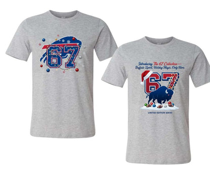 Gray Buffalo Football 67 Holiday Tee's sitting on white background. Little Gift Nook