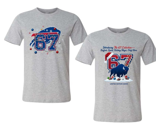 Gray Buffalo Football 67 Holiday Tee's sitting on white background. Little Gift Nook