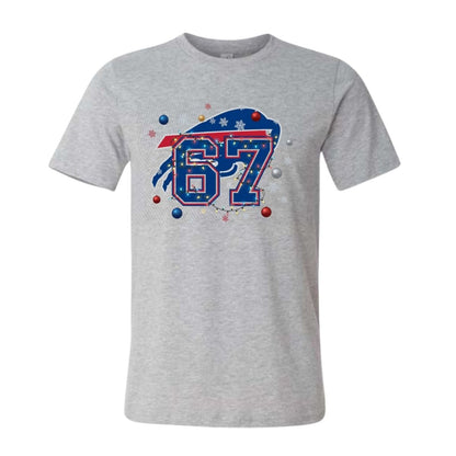Gray t shirt with red blue buffalo football 67 and Christmas lights image on front sitting on a white background. 