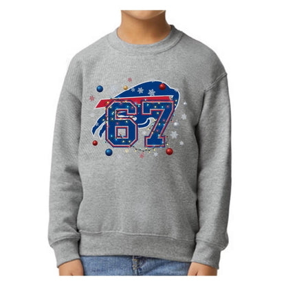 model wearing gray sweatshirt with red blue buffalo football 67 and Christmas lights image on front standing on white background.