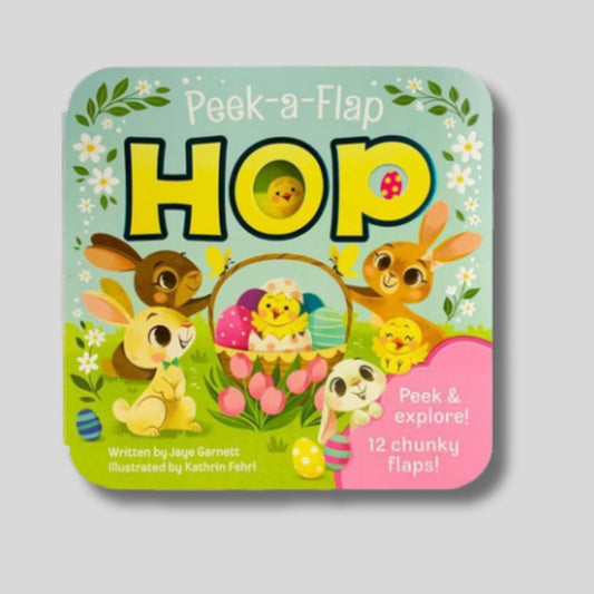 Children's book titled 'Peek-a-Flap Hop' with cartoon bunnies and chicks on a light gray background.