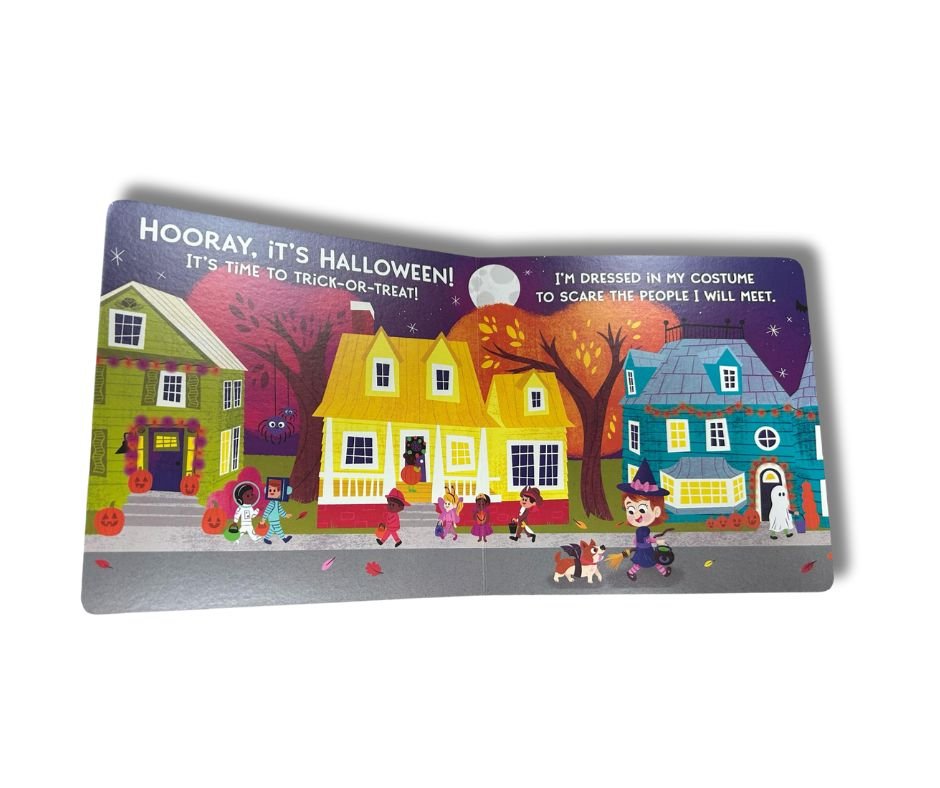 Inside My First How To Catch A Witch Board Book. Little girl dressed as a witch trick-or-treating. - Little Gift Nook