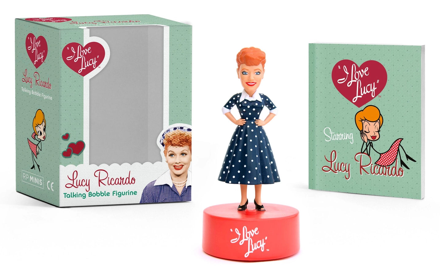 I love Lucy Ricardo talking bobble head figurine with book and box on white background. Little Gift Nook