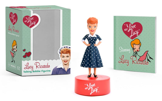 I love Lucy Ricardo talking bobble head figurine with book and box on white background. Little Gift Nook