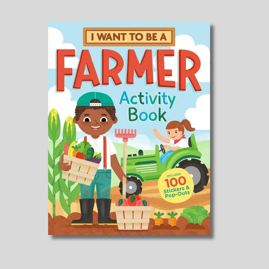 I want to be a Farmer kids activity and sticker book cover on gray background. Little Gift Nook