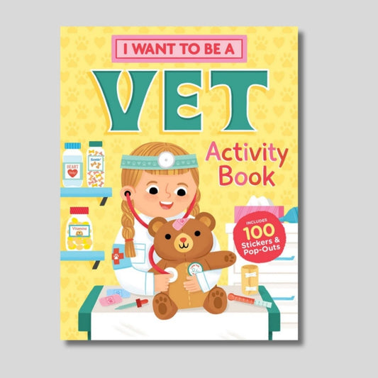 Children's activity book titled 'I Want to Be a Vet' with colorful cover and illustrations on gray background. Little Gift Nook