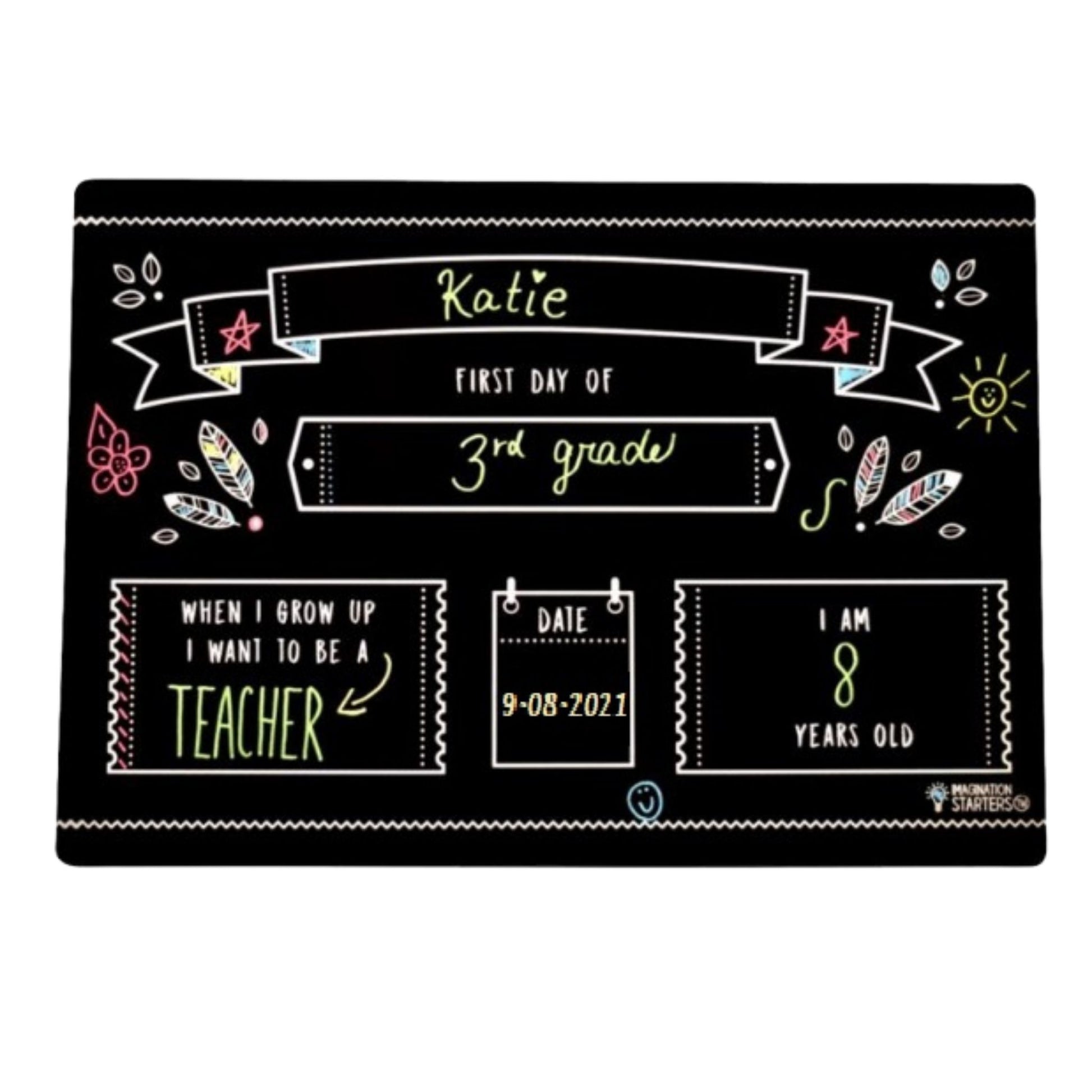 Personalized placemat for the first day of school with text and decorative elements.