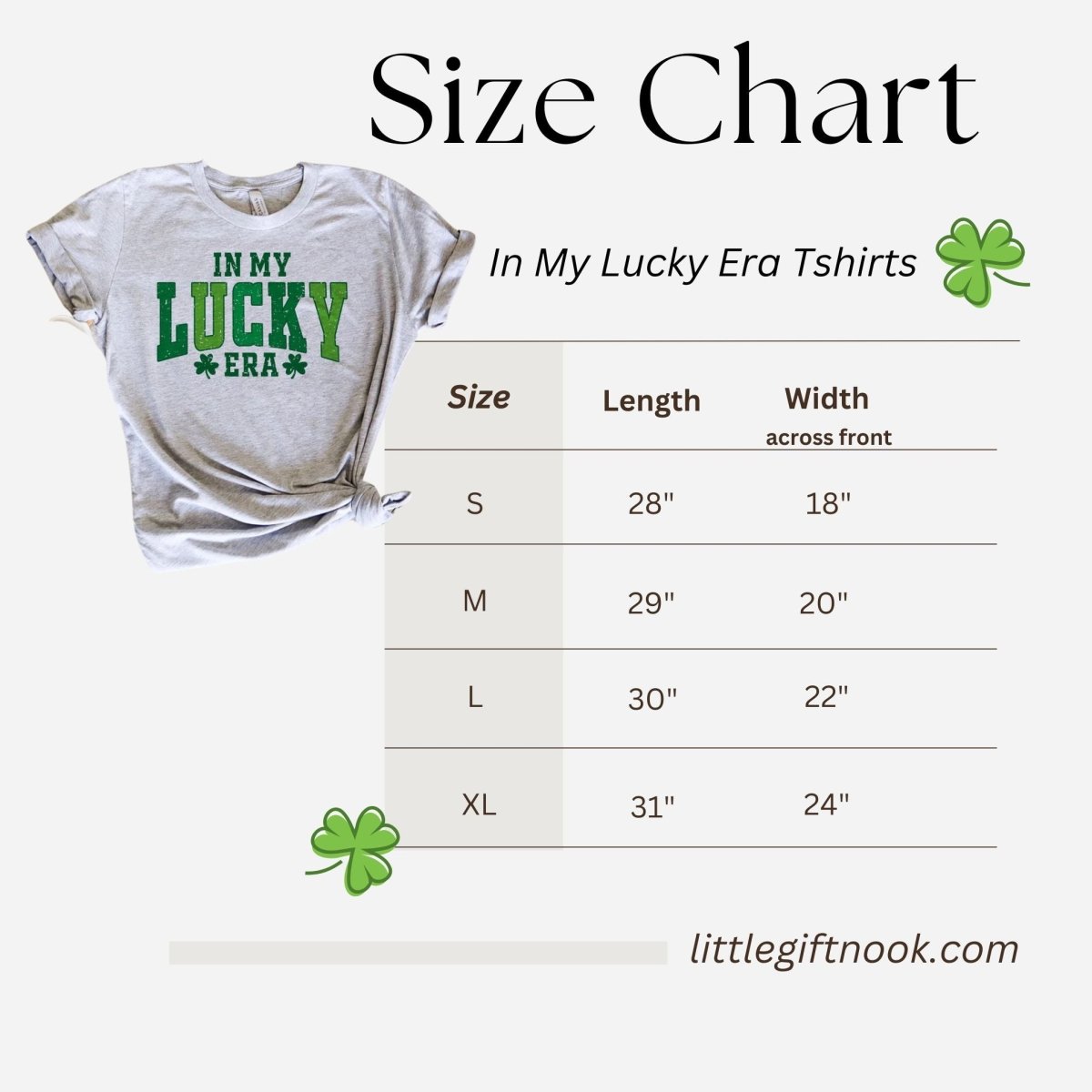 Heather Gray green "In My Lucky Era" tshirt size chart.