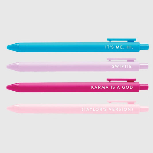 In Your Era Swiftie Pen Set of 4  colored pens all blank ink with song titles or lyrics on each pen sitting on light gray background. - Little Gift Nook