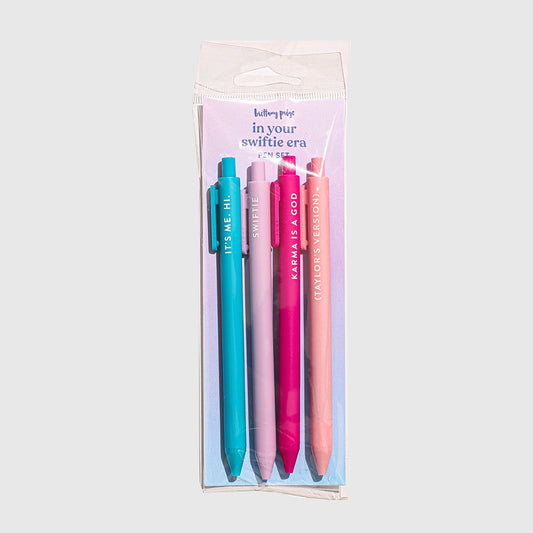 In Your Era Swiftie Pen Set of 4 - blue pink dark pink and peach colored pens with black ink and lyrics song titles written on each - Little Gift Nook