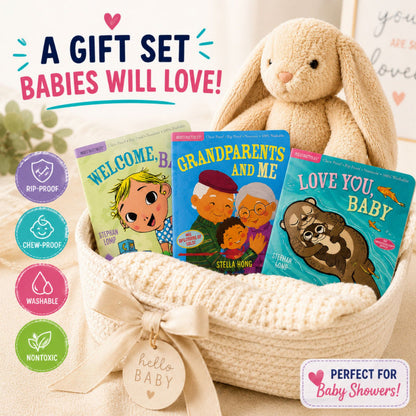 Gift set of 3 indestructible books grandparents bundle in a basket with a bunny and blanket. 