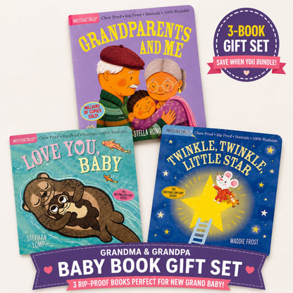 Three indestructible books bundle set: Grandparents and me, Love you, Baby, Twinkle Twinkle Little Star on a white background with promotional text about a 3-book gift set.