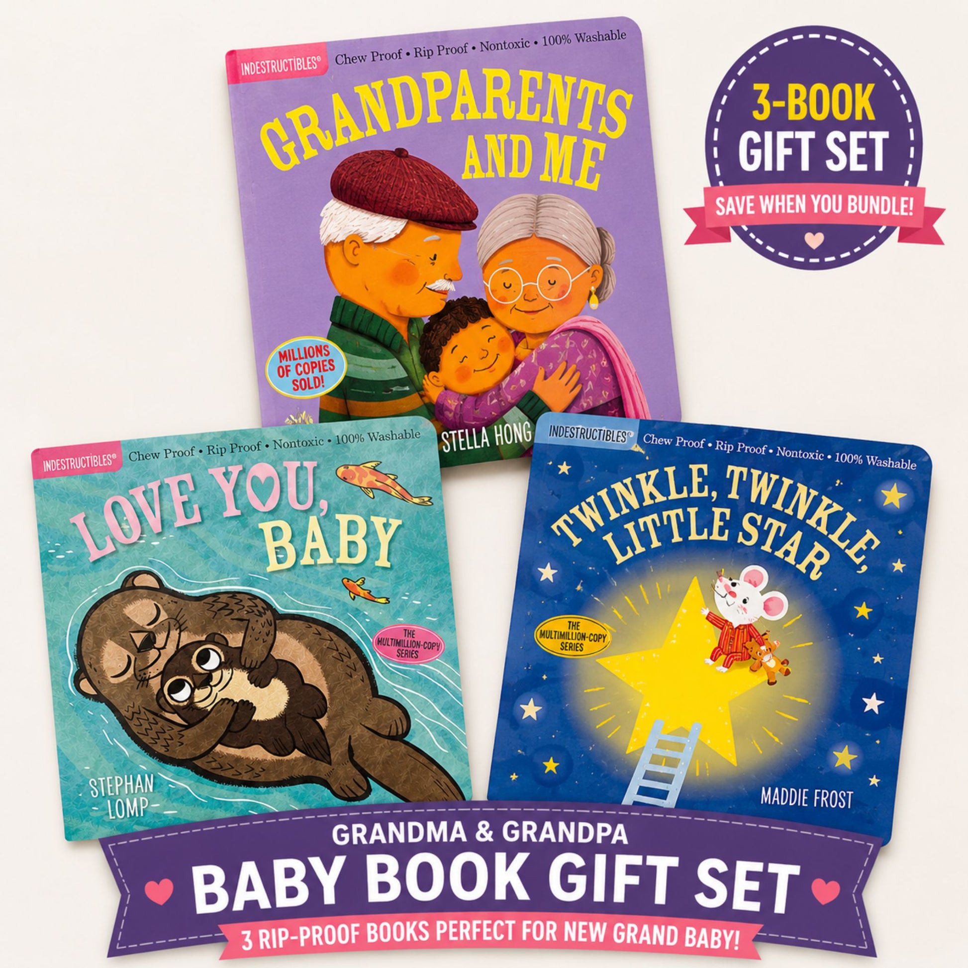 Three indestructible books bundle set: Grandparents and me, Love you, Baby, Twinkle Twinkle Little Star on a white background with promotional text about a 3-book gift set.