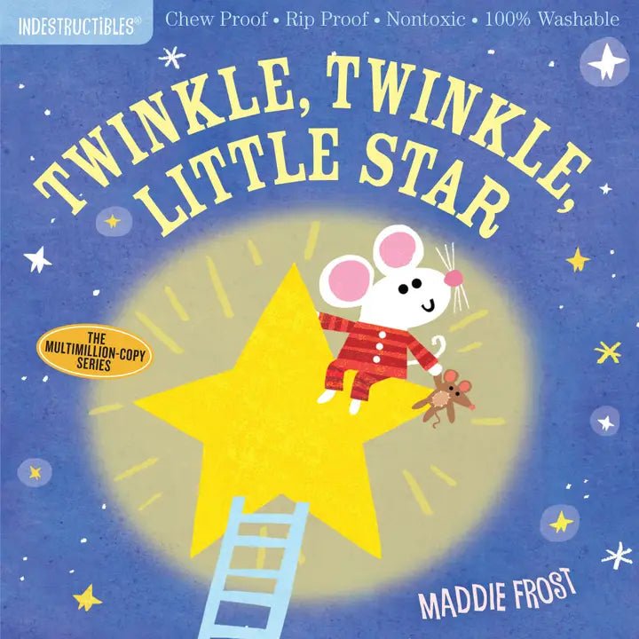 Indestructible baby chew and rip proof Book cover of 'Twinkle, Twinkle, Little Star' with a mouse on a star and blue background