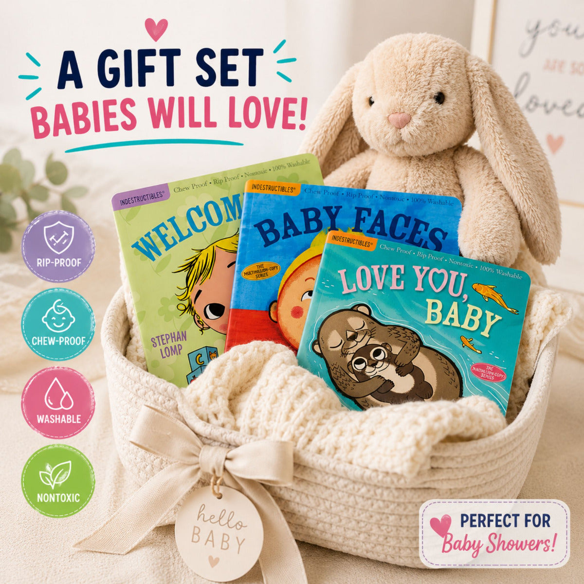 Gift set for babies with 3 indestructible books in a basket gift with a plush toy and blanket.