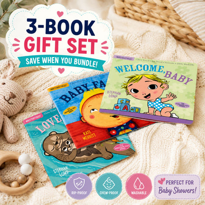 Three children's books in a 3-book gift set on a soft fabric background with toys.