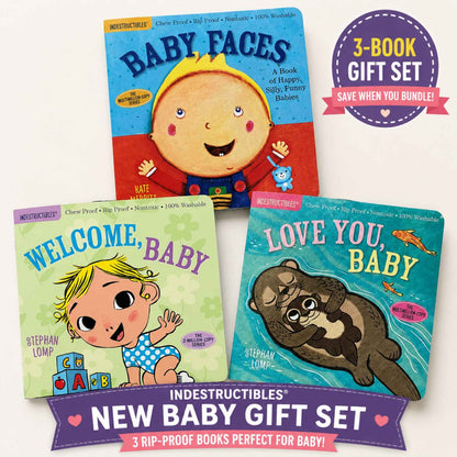 Indestructible 3 book bundle new baby set: Baby Faces, Welcome, Baby!, and Love you, Baby books sitting on light pink background with details of bundle.