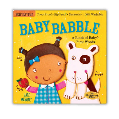 Indestructibles baby book "Baby Babble" cover with little girl and dog on yellow background - Little Gift Nook