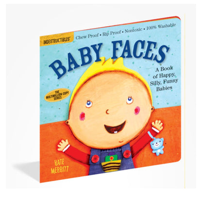 Book titled 'Baby Faces' with a colorful cover featuring a child-like illustration on angle on white background.