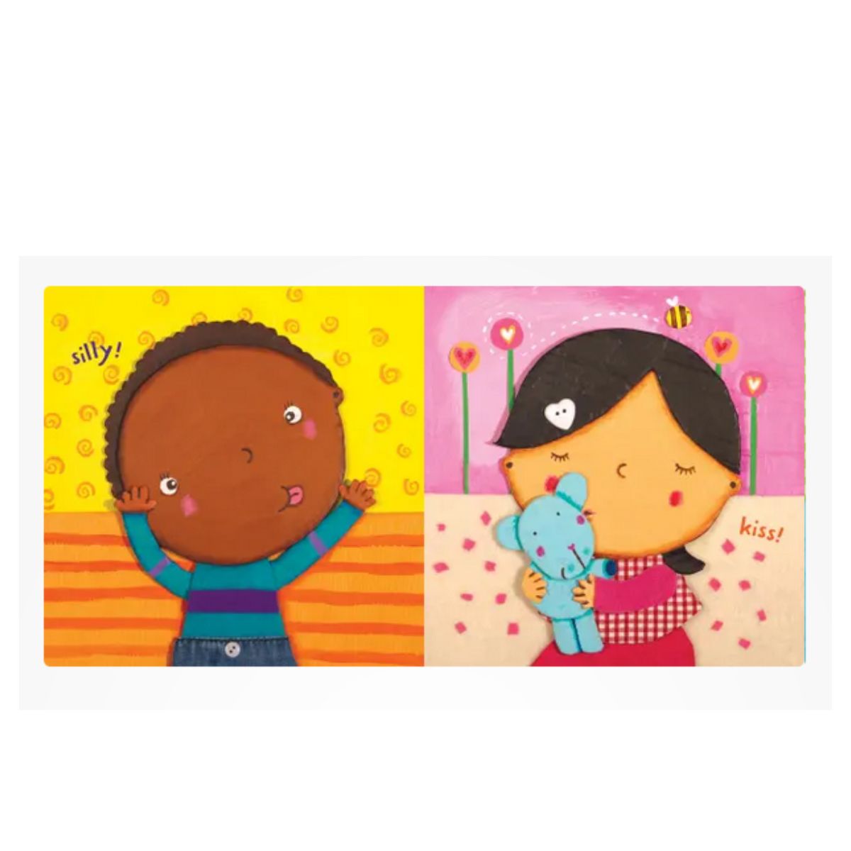 Indestructibles baby book "Baby Faces" inside pages of child being silly and child kissing plush toy sitting on white background.