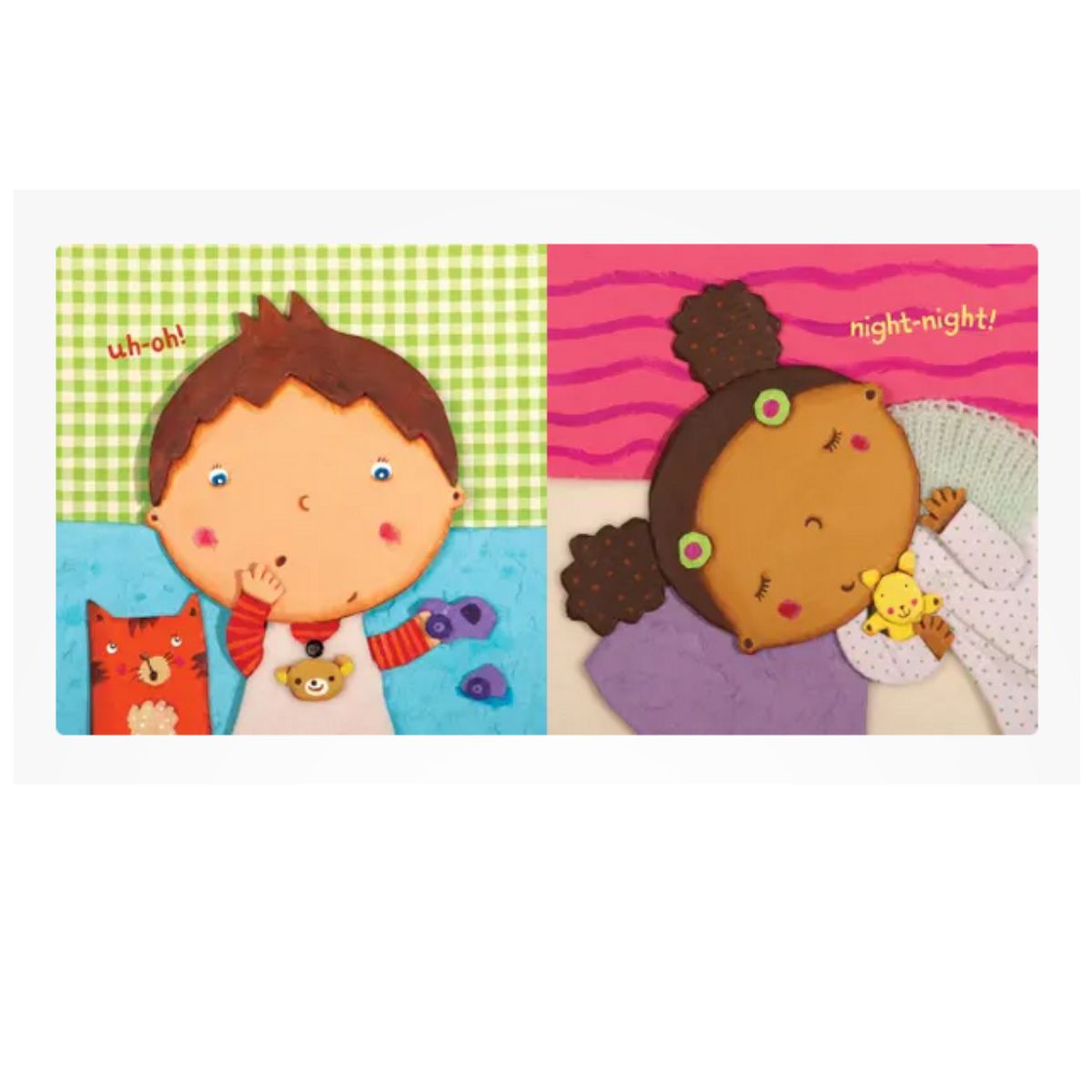 Indestructibles baby book titled "Baby Faces" inside pages of little boy saying "uh-oh" and little girl sleeping sitting on white background.