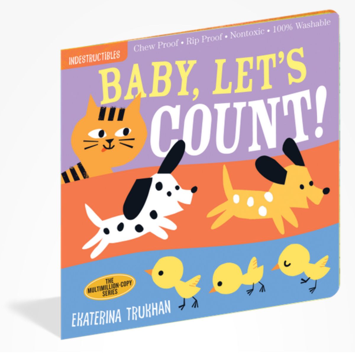 Indestructibles children's book titled 'Baby, Let's Count!' with animal illustrations on a cover tilted on white background.