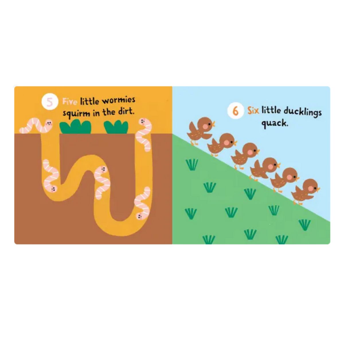 Children's book inside pages of "Baby, Let's Count" 5worms and 6 ducklings.