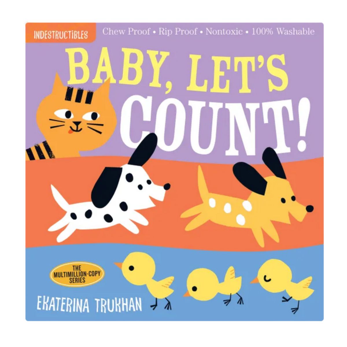 Indestructibles "Baby, Let's Count" book cover with cat, dogs, and chickens on front on a white background - Little Gift Nook.