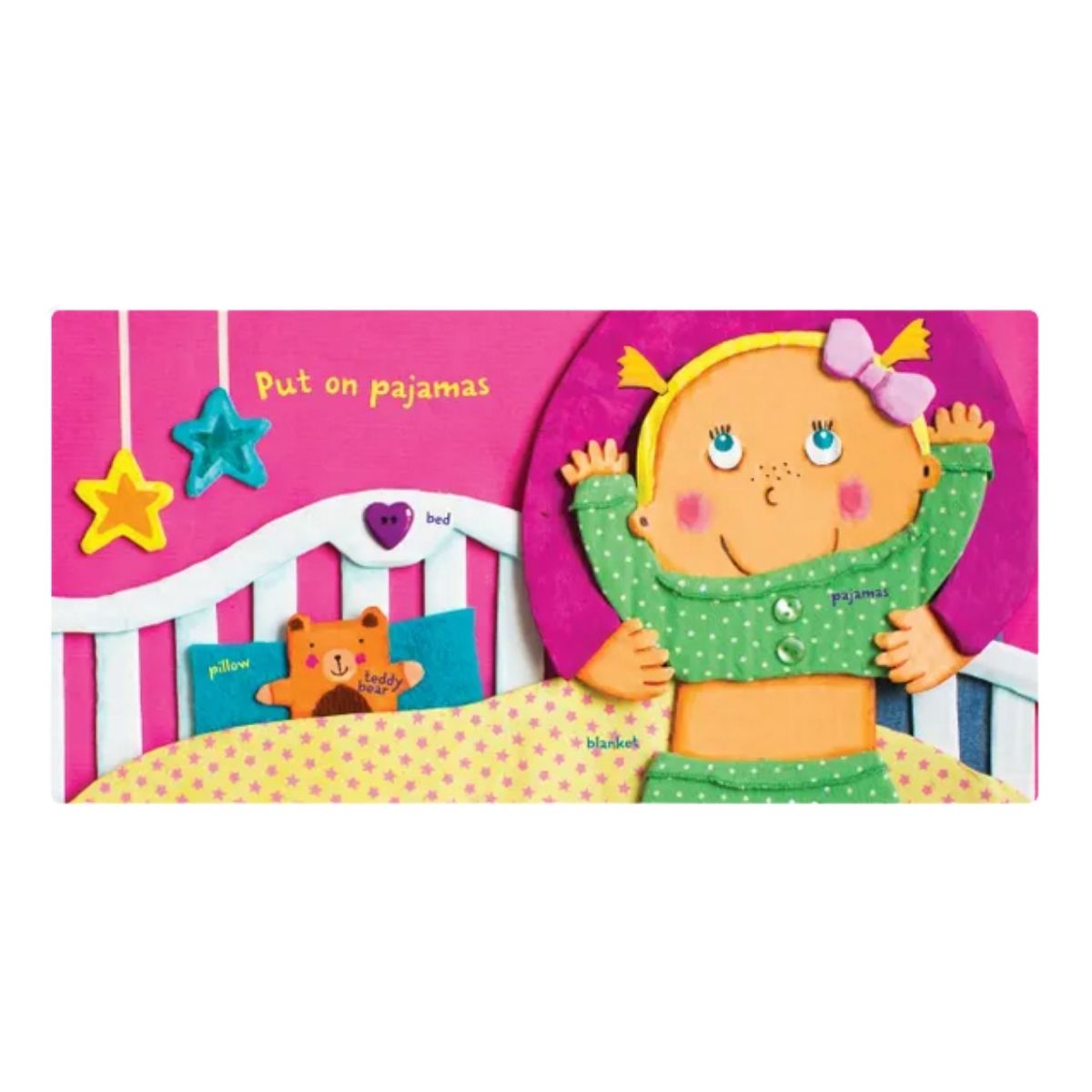 Children's indestructibles baby book inside pages with a cartoon character in pajamas and a bed scene.