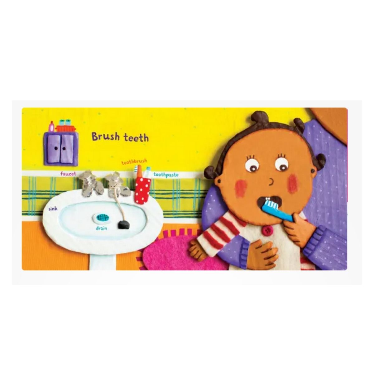 Children's Indestructibles Night Night Baby book inside pages with a cartoon character brushing teeth, on a white background.