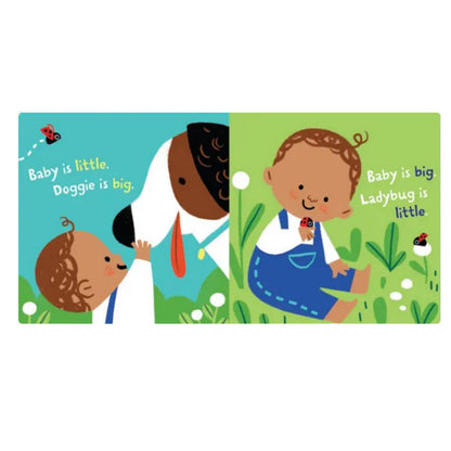 Inside pages of Indestructibles book 'Big and Little: A Book of Opposites' with a child petting a dog and playing with ladybugs.