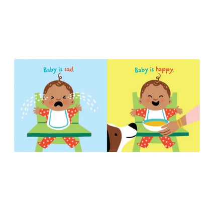 Inside pages of Indestructibles book 'Big and Little: A Book of Opposites' with a child sad and crying and a child happy and smiling.