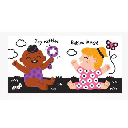 Indestructibles book "Hear the Sounds" inside pages with 2 babies playing with toys on a white background.