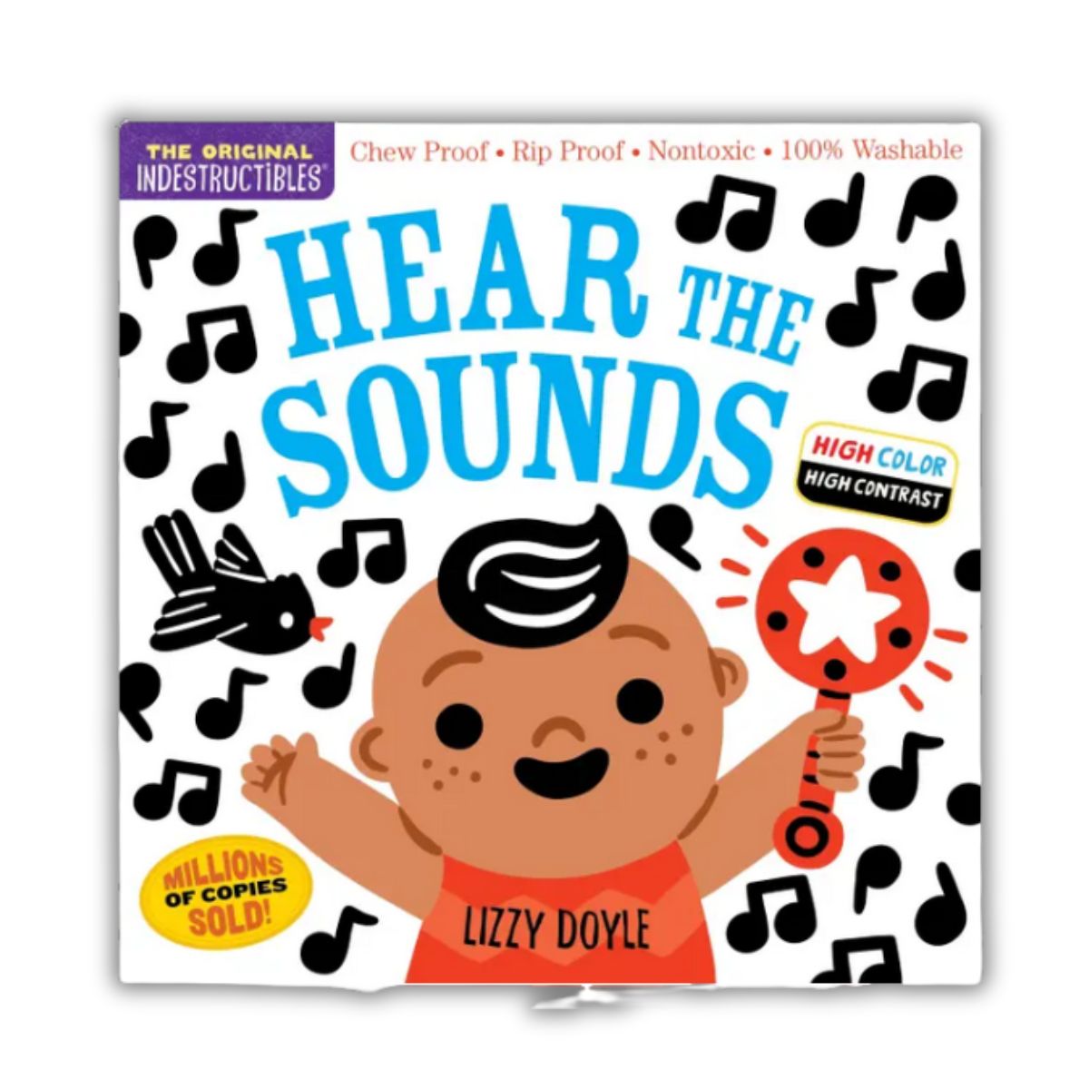 Indestructibles book titled 'Hear the Sounds' by Lizzy Doyle with a baby illustration high contrast and color and musical notes on the cover - Little Gift Nook.