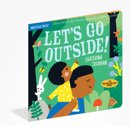 Children's Indestructibles book "Let's Go Outside" cover of parent and child outdoors on a white background.