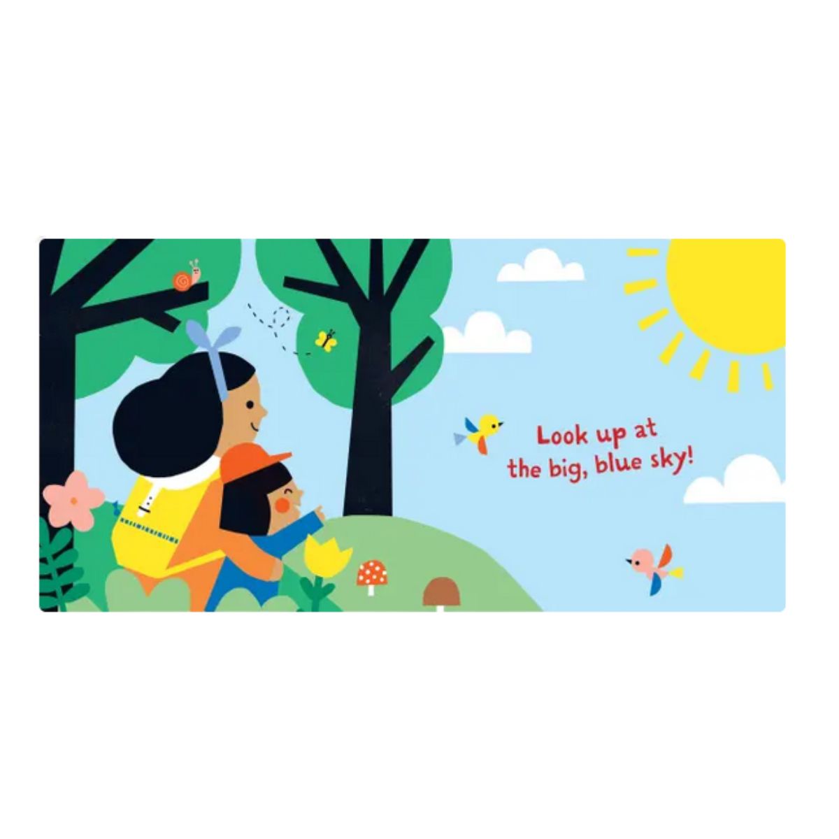 Children's Indestructibles book "Let's go Outside" inside pages with illustration of a child and dog under trees with a sun and birds, featuring text 'Look up at the big, blue sky!'.