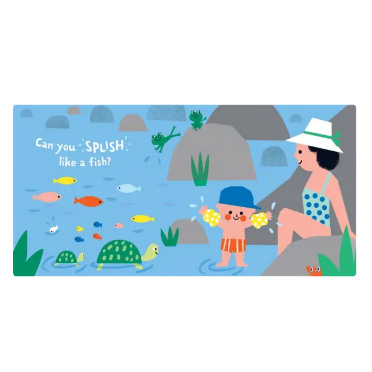 Indestructibles book "Let's Go Outside" inside pages with Illustration of a woman and child by a pool with fish and underwater elements.