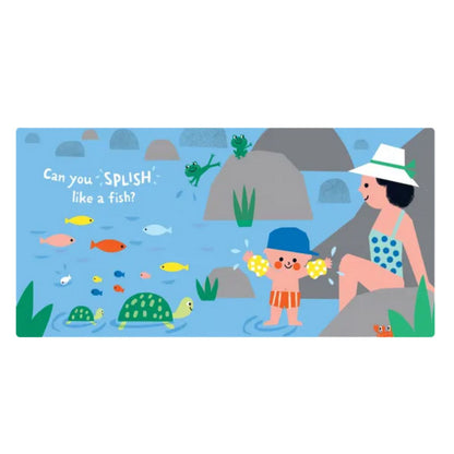 Indestructibles book "Let's Go Outside" inside pages with Illustration of a woman and child by a pool with fish and underwater elements.