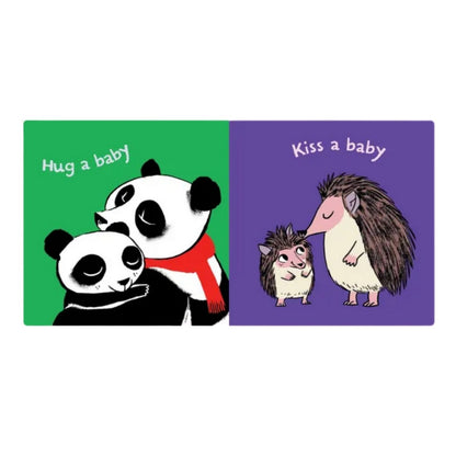 Inside Indestructibles baby book "Love you, Baby" pandas and hedgehogs on green and purple pages sitting on white background.