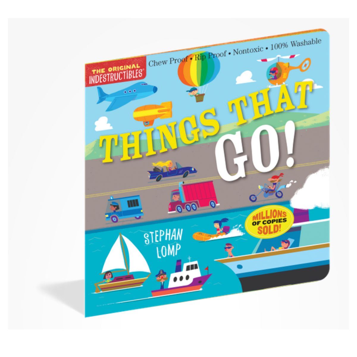 Book cover of Indestructibles Things that Go Baby chew, rip proof book with blue cover and illustrations of planes, cars, and boats standing angled on white background.