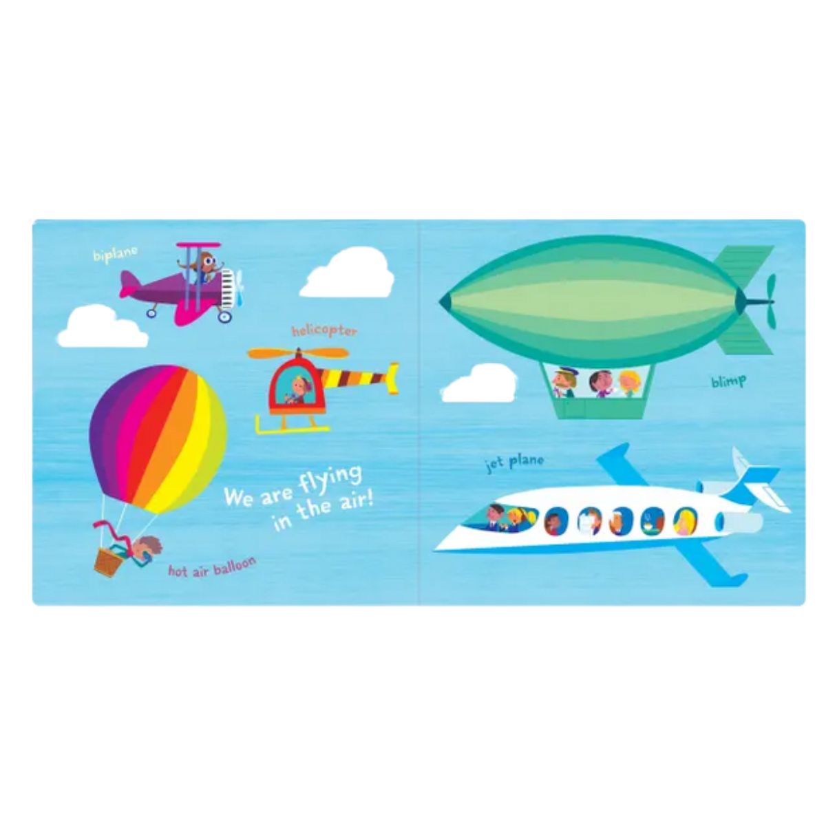 Inside pages of Indestructibles Things that Go Baby chew, rip proof book with illustrations of hot air balloons, planes, and helicopter on a blue sky background.