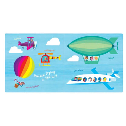 Inside pages of Indestructibles Things that Go Baby chew, rip proof book with illustrations of hot air balloons, planes, and helicopter on a blue sky background.