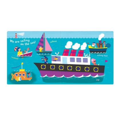 Inside pages of Indestructibles Things that Go Baby chew, rip proof book with illustartions of boats and submarine in water.