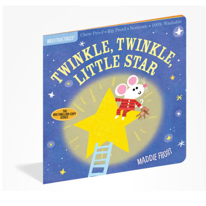 Indestructibles book "Twinkle, Twinkle, Little Star" blue cover with mouse and night sky with starts on a white background.