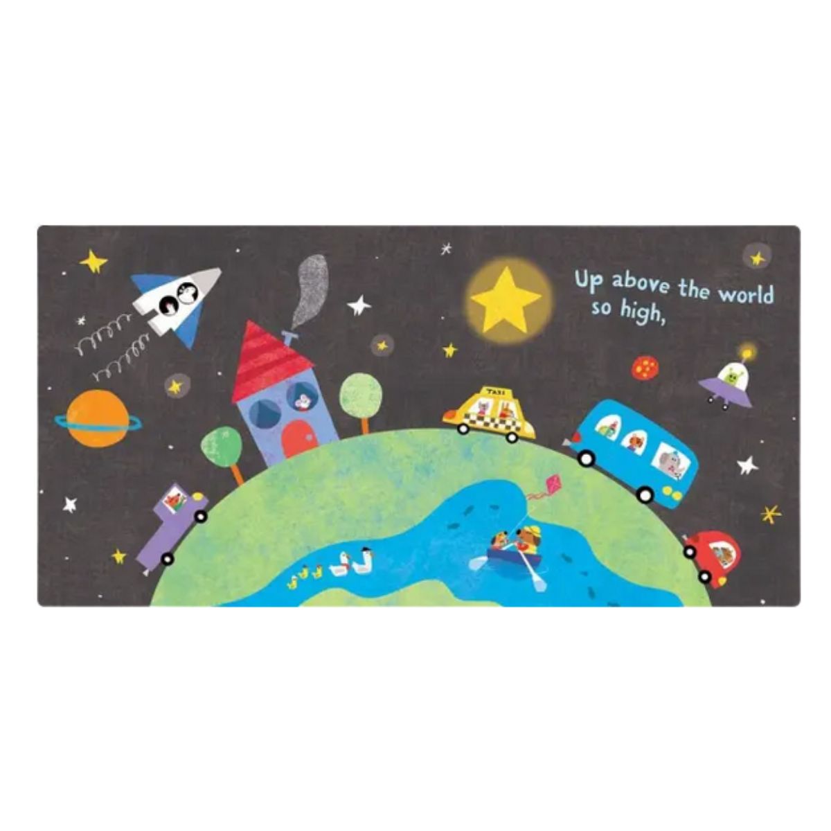 Inside pages of Indestructibles book "Twinkle, Twinkle, Little Star" with illustrations of night sky, earth, and vehicles, space shuttle on a white background.